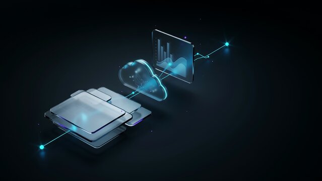 Digital cloud computing concept with glass data folder and abstract financial analytics chart infographic