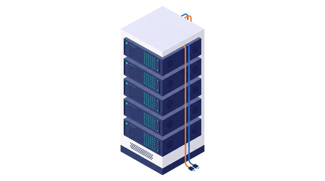 Server rack vector illustration. Includes database storage hardware, cable management, and network equipment. Isometric graphic for data center management, cloud computing, and IT infrastructure.