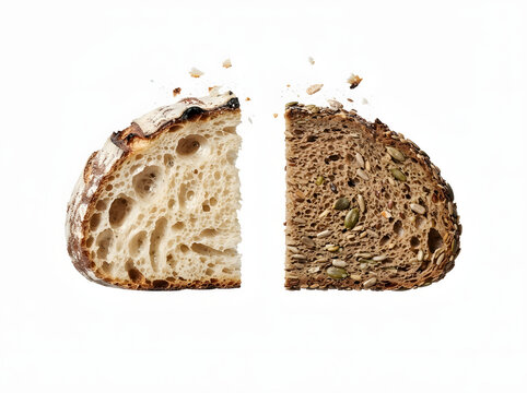 A pair of rustic white and multigrain sourdough slices placed on a white isolated background
