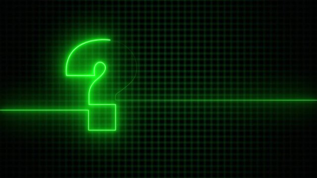 Glowing neon Question mark sign along with rectangle frame on black background. Quiz game competition. Glowing large advertisement in concept animation. 