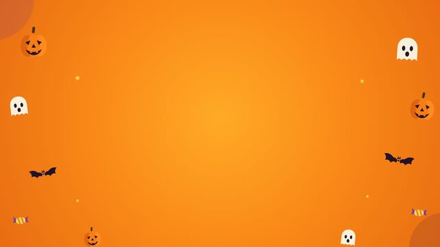 Colorful Halloween Floating Pumpkin Ghost Bat and Candy Border on Orange Background with Clean Copy Space, Seamless 4K Festival Motion Graphic for Party, Sale and Event Promotion