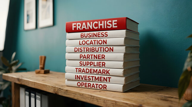 Stacked books displaying business franchise terms on wooden shelf