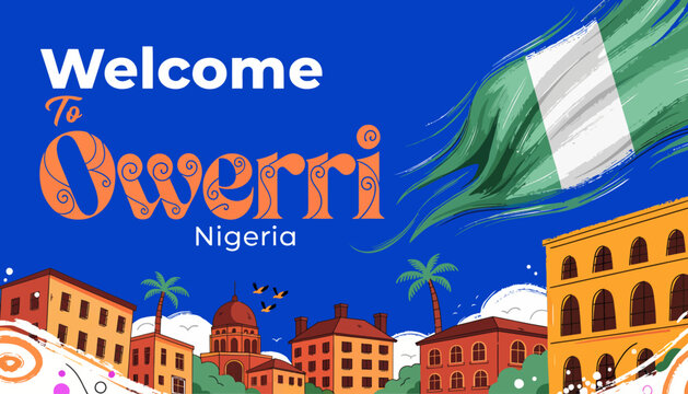 Welcome to Owerri, Nigeria - Cityscape with Nigerian Flag and Palm Trees