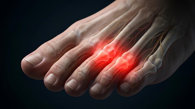 Anatomical view of foot with painful red toe joints.