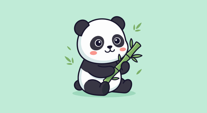 Cute adorable panda bear sitting and holding green bamboo shoot vector illustration isolated on light green background