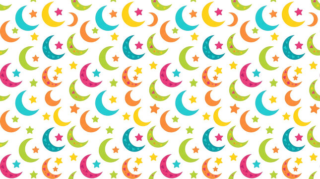 Colorful crescent moon and stars celestial pattern