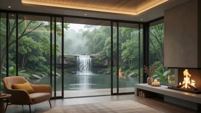 Modern room with large window overlooking tropical waterfall lush forest virtual backgrounds loop animation for stream overlay, meditation, smooth jazz or white noise video
