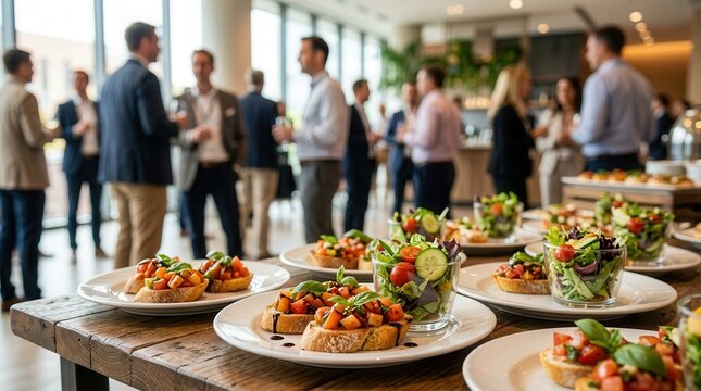 Professional corporate social gathering with people mingling at a business networking event.