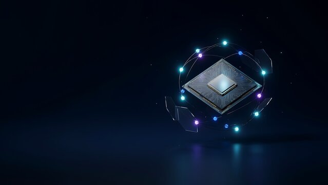 Futuristic computer processor chip floating with glowing digital orbit rings and neon lights in dark space