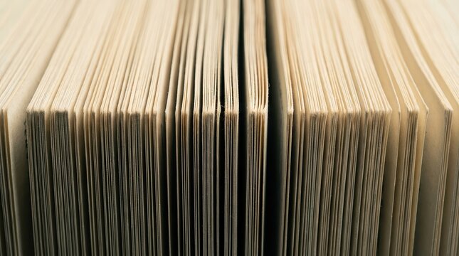 Macro detailed close-up of the edge of pages in a thick book creating a vertical line pattern.