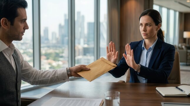 Businesspeople in a corporate office showing rejection of a bribe envelope with a hand stop gesture.