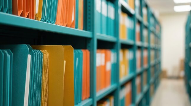Colorful files and folders arranged in rows on metal shelves in a storage room.