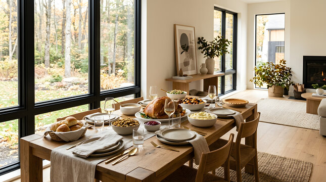Modern bright dining room with Thanksgiving table setting.