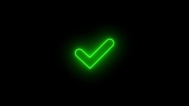 Abstract glowing neon check mark green color, Tik mark icon animation. Animated OK Check Mark Icon on black background.