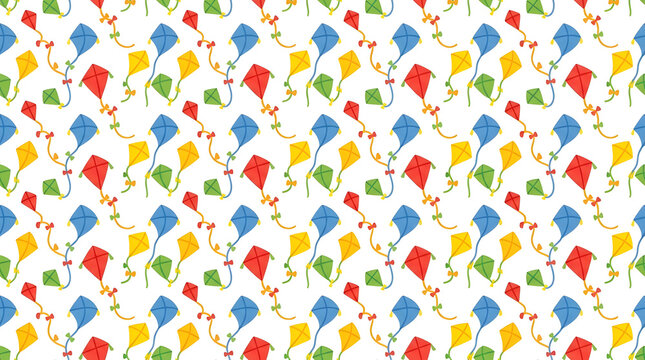 Colorful flying kites seamless nursery pattern on white.