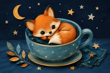 Fototapeta premium Adorable fox curled inside teacup beneath moonlit stars