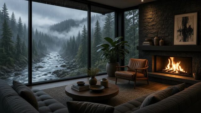 Cozy living room with fireplace armchair and snowy forest winter view virtual backgrounds loop animation for stream overlay, meditation, smooth jazz or white noise video