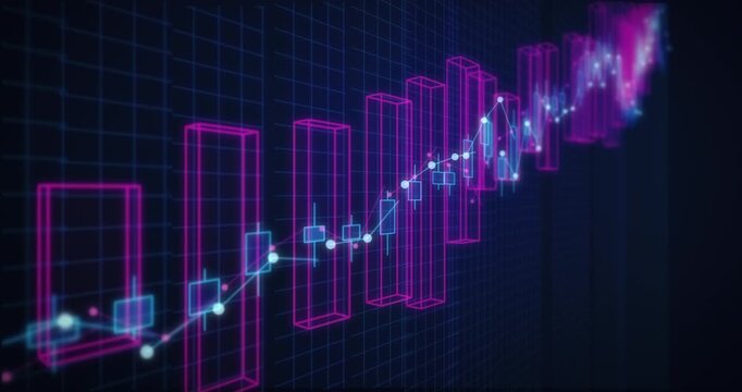 Cyan and magenta stock market chart background, motion graphics, seamless 4K loop