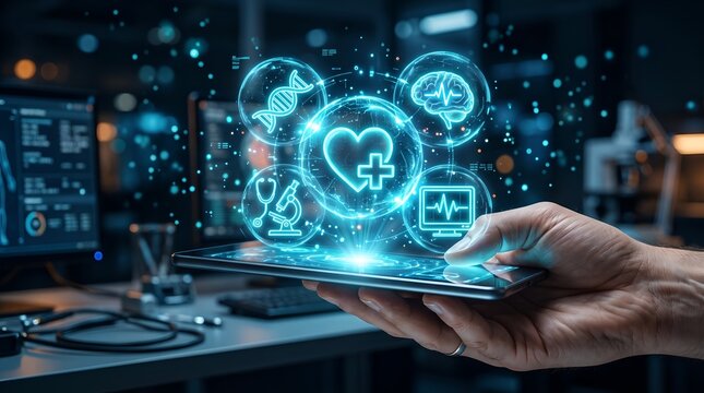 Futuristic AI Healthcare And Digital Medical Data Concept With Holographic Icons On Tablet