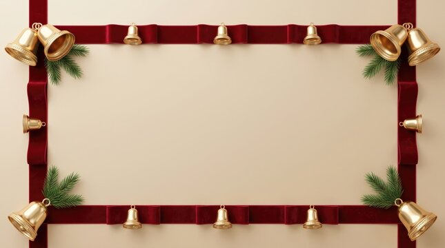 Christmas frame with red velvet ribbon, golden bells and fir branches on beige background with copy space
