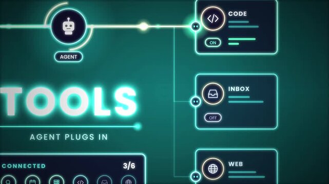 AI agent tools and plugin integrations for web search and code execution animation on dark background for function calling technology