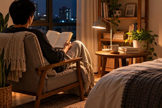 Man reading a book in a cozy room at night