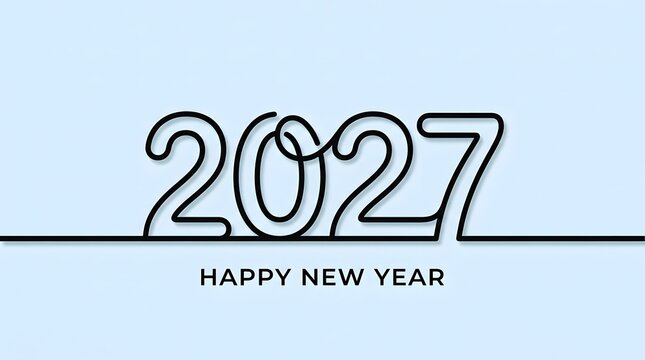 2027 happy new year continuous line art design on light blue background