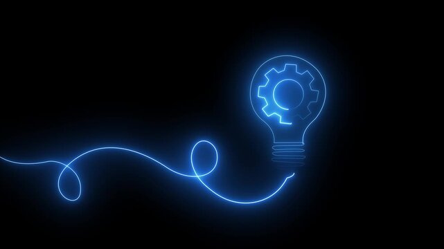 Light bulb and rotating gears icon animation on black background. Idea, energy, team work, thinking and Inspiration concept for representing innovation and creative mechanical engineering.