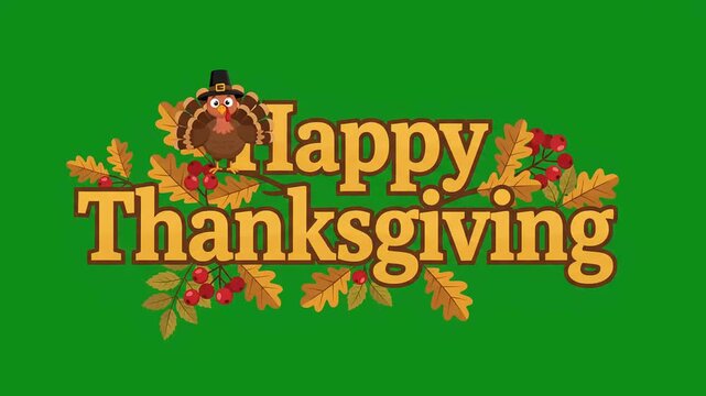 Thanksgiving typography animation with a turkey, autumn oak leaves, and red berries on a green screen background for digital holiday greeting card videos.