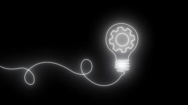 Light bulb and rotating gears icon animation on black background. Idea, energy, team work, thinking and Inspiration concept for representing innovation and creative mechanical engineering.