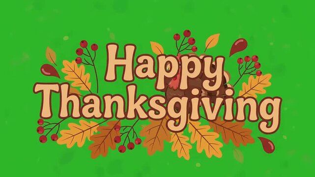 Thanksgiving text greeting card animation with cartoon turkey and falling autumn leaves on green screen background, motion graphics loop video overlay.