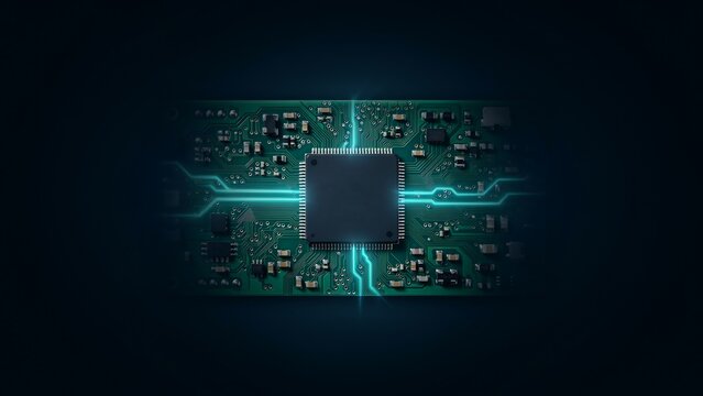 High tech computer processor chip with glowing digital circuit board connections