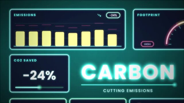 Carbon emissions reduction tracking dashboard animation on dark background for climate action net zero sustainability and green energy goals