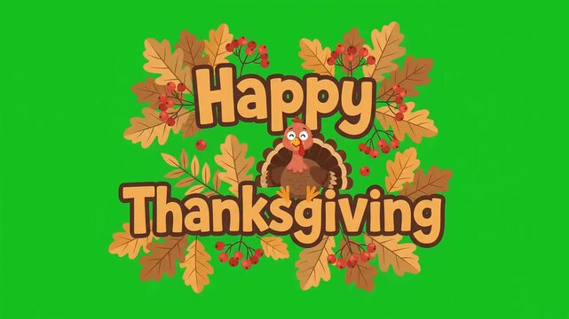 Animated Thanksgiving holiday title sequence featuring a cartoon turkey, autumn oak leaves and red berries on a green screen background for video editing.