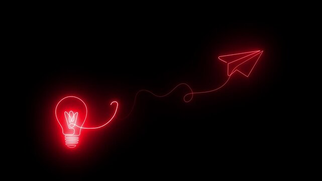 neon glowing light bulb and paper airplane connected by neon line on transparent background.