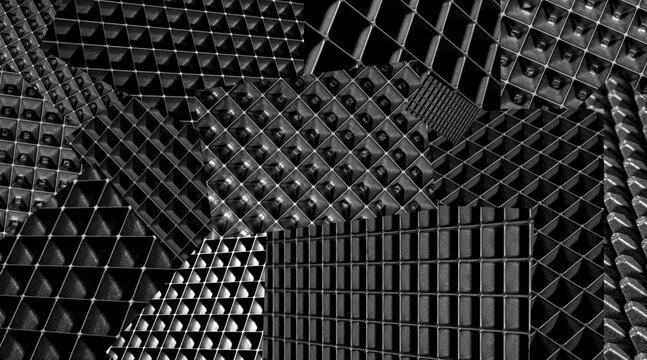 Abstract black geometric grid pattern collage with overlapping square textures