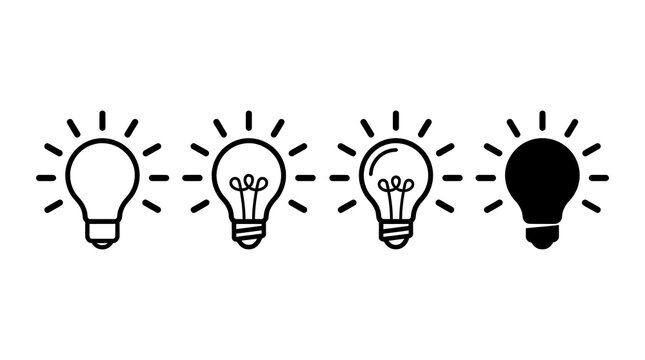 Light bulb icon set showing different stages of illumination and creative thinking process