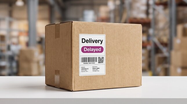Delayed delivery package in warehouse highlighting logistics and shipping challenges