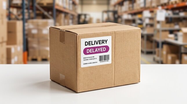 Delayed delivery package in warehouse highlighting logistics and shipping challenges