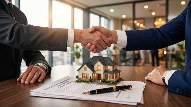 Business handshake over property documents, symbolizing successful real estate agreement.