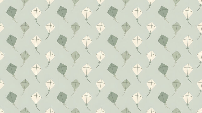 Whimsical flying kite pattern on sage green.