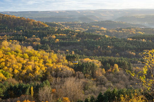 View from Mount Krasnoye Solnyshko in the Kislovodsky National Park (Stavropol Territory, Russia).  Mountain park and the support of the cable car
