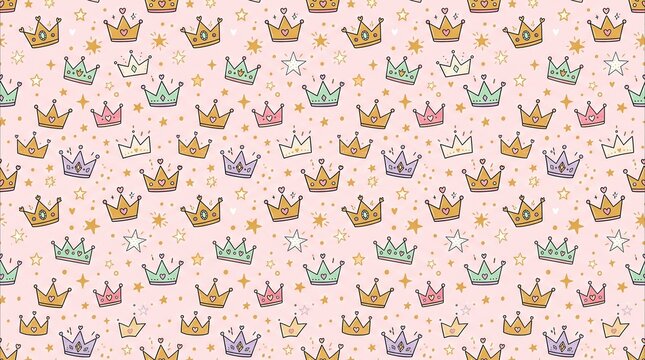 Cute hand-drawn princess crowns seamless pattern, pastel pink background with scattered stars, whimsical royal design for kids' textiles, party decor, or digital paper