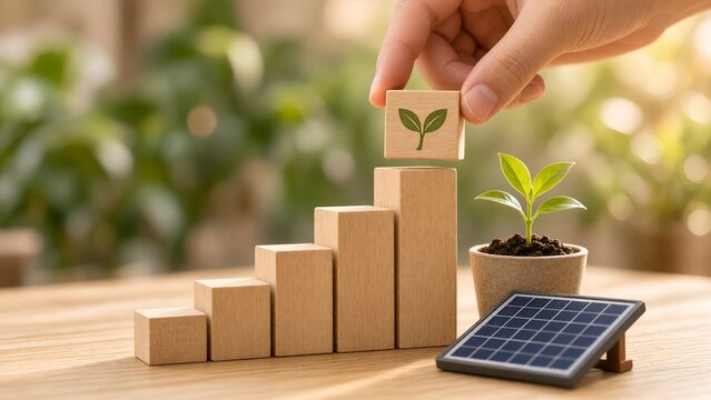 Hand Placing Wooden Block with Plant Symbol on Growth Chart Representing Green Economy