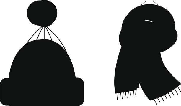 Winter knit hat with pom and warm winter scarf silhouette vector illustration winter clothing accessory