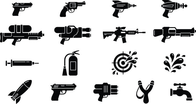 Flat black solid silhouettes collection of guns firearms pistols water blasters targets slingshots and valves icons
