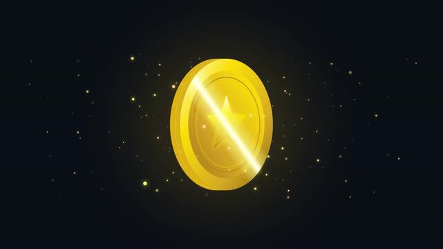 Golden Star Coin Rotating with Sparkles on Black Background