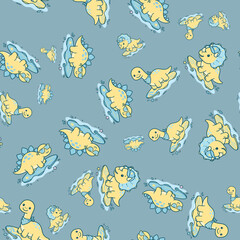 Cute Surfing Dinosaurs Seamless Pattern on Blue Background © Yanuart