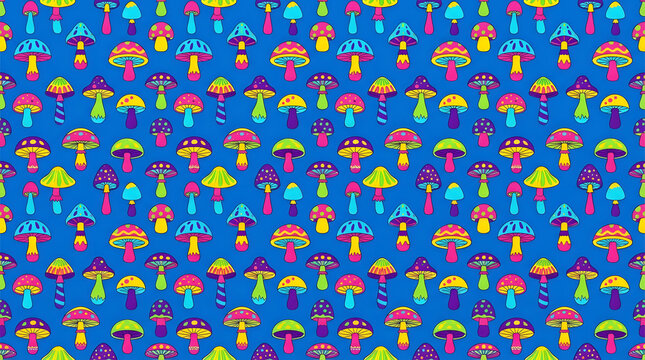 Vibrant mushroom seamless pattern on blue background