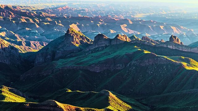 Majestic mountain ranges glow in warm sunlight during early morning, revealing dramatic erosion landforms in Xinjiang, China.